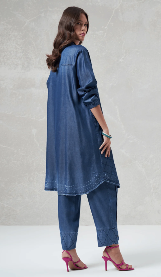 Embellished-Hem Longline Tencel Denim Tunic