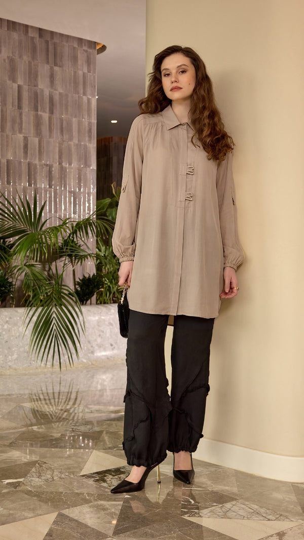 Cupro-Silk Tab-Detail Longline Shirt
