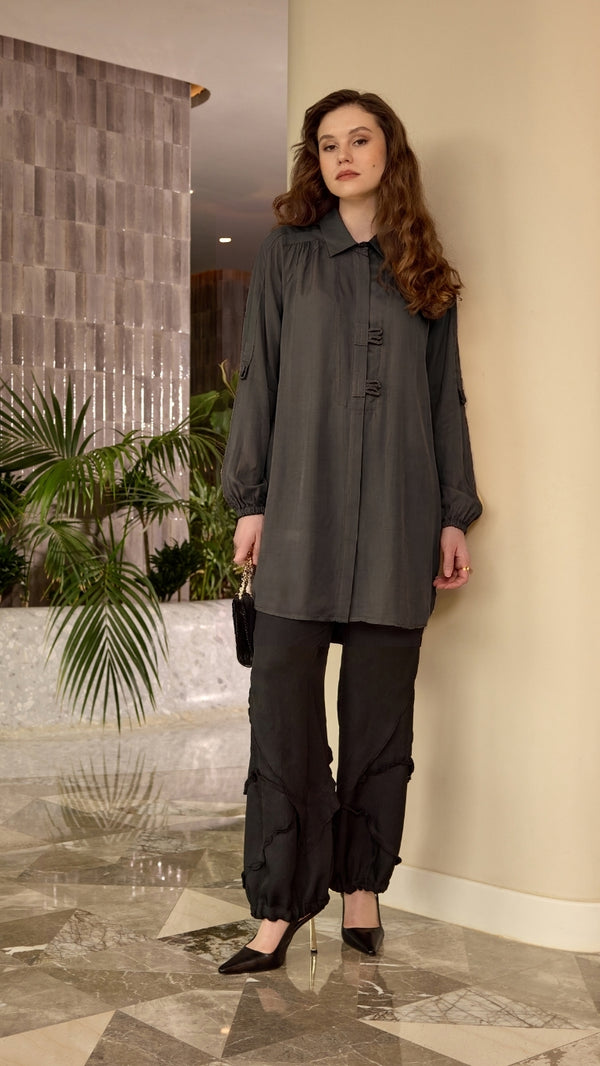 Cupro-Silk Tab-Detail Longline Shirt