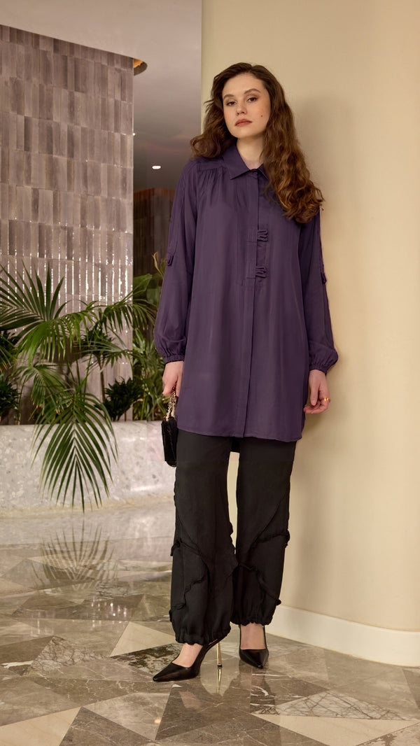 Cupro-Silk Tab-Detail Longline Shirt