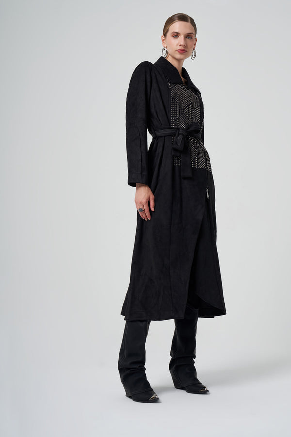 Suede Trench Coat with Stud/Rhinestone Detail