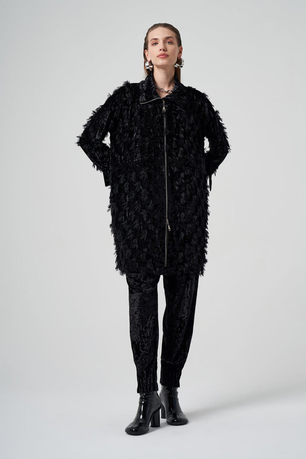 Fringed Detail Zippered Bouclé Coat