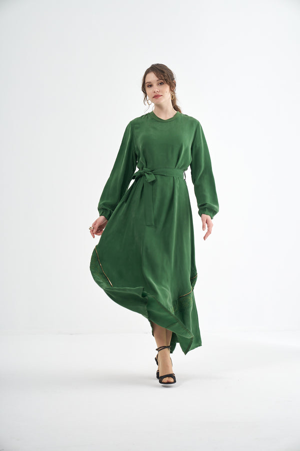 Embroided Elegant Flow Belted Dress