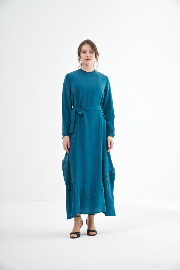 Embroided Elegant Flow Belted Dress