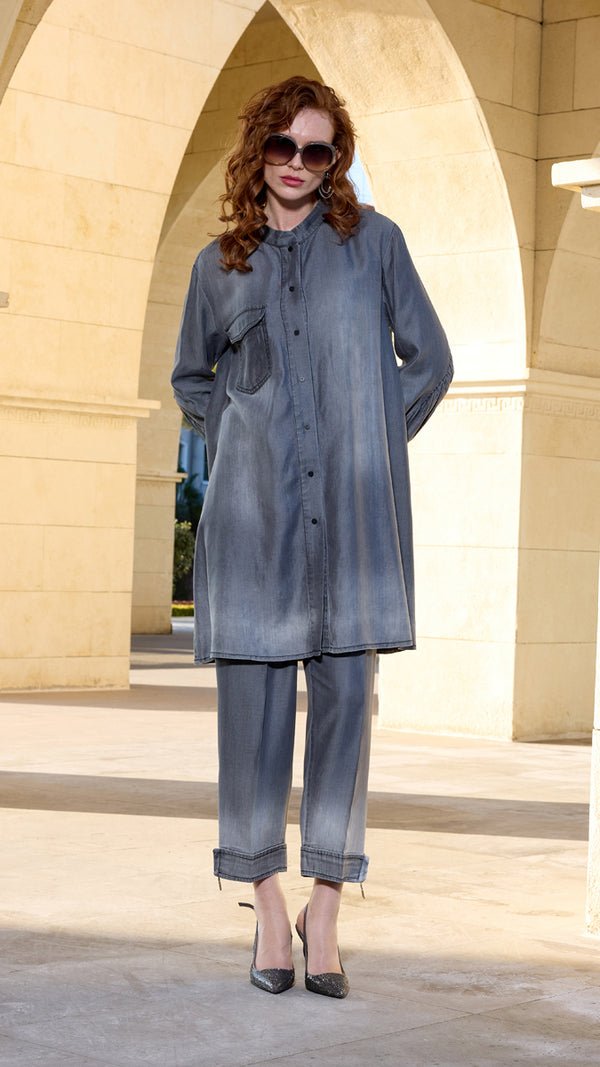 Gray Stone-washed Denim Button-Front Tunic