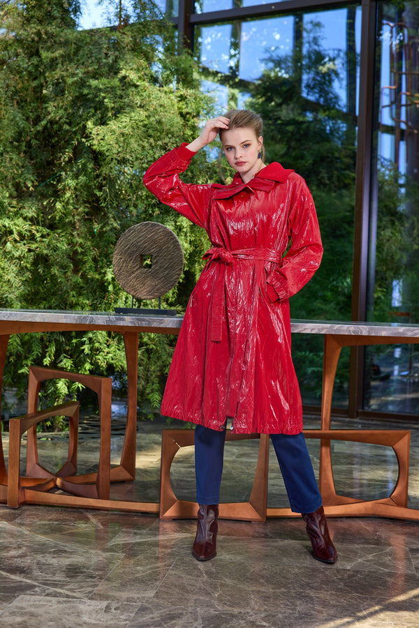 High-Gloss Belted Statement Coat