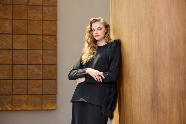 Fur-Detail Long-Sleeve Knit Tunic