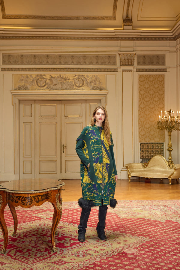 Patterned Zippered Coat with Faux Fur Hem Detail