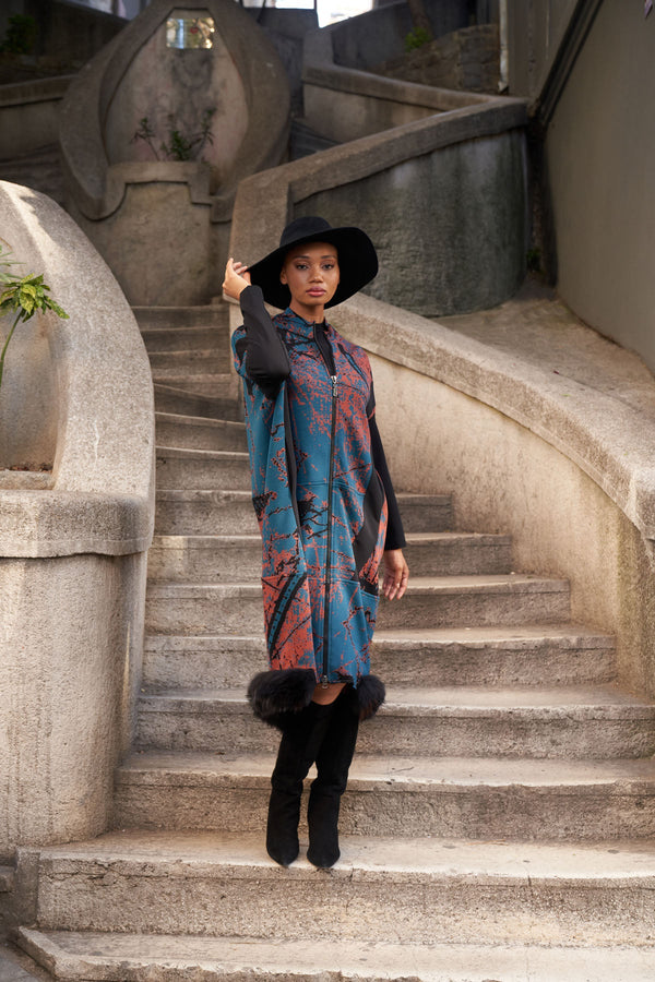 Patterned Zippered Coat with Faux Fur Hem Detail