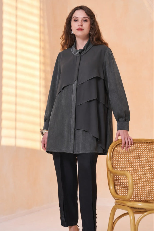 Chiffon-Detail Cupro Long Tunic