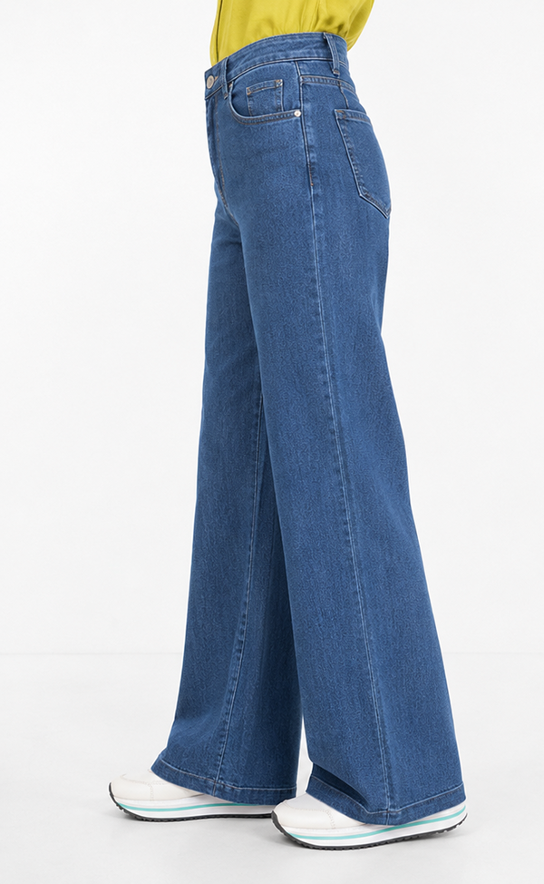 High Waist Wide Leg Jeans for Women – Medium Blue Denim Palazzo Pants