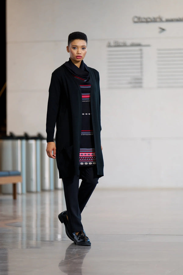 MISS 220 black longline tunic with a draped cowl neckline and red and light-toned geometric front detailing, front view