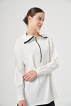 MISS 224 white longline tunic showing the wide collar, contrast half-zip neckline and ribbed cuffs