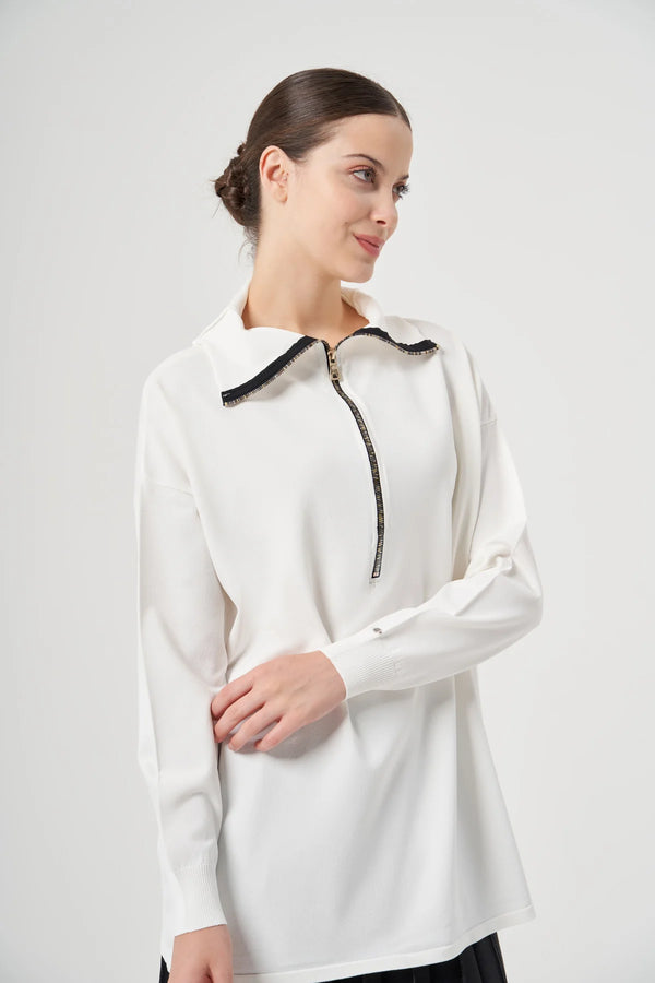 MISS 224 white longline tunic showing the wide collar, contrast half-zip neckline and ribbed cuffs
