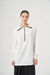 MISS 224 white half-zip longline tunic with black contrast zipper trim, front view