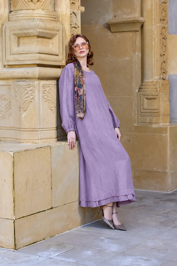 V3135 lilac plus-size cotton maxi dress with a round neckline, long gathered sleeves and layered hem