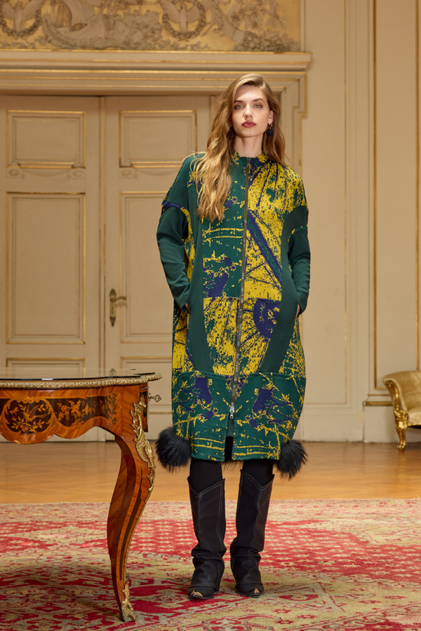 Patterned Zippered Coat with Faux Fur Hem Detail