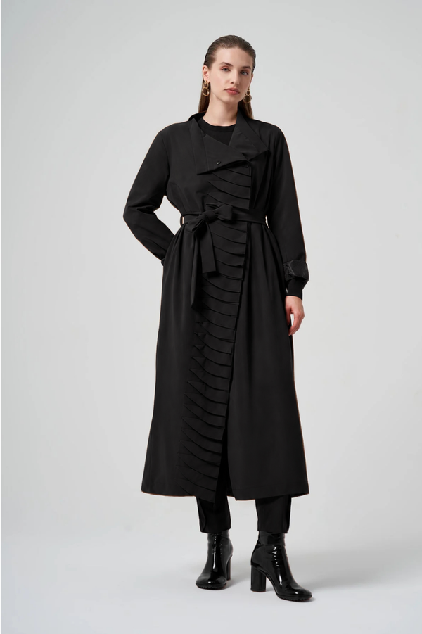Trench Coat with Ruffle/Pleat Detail and Sash
