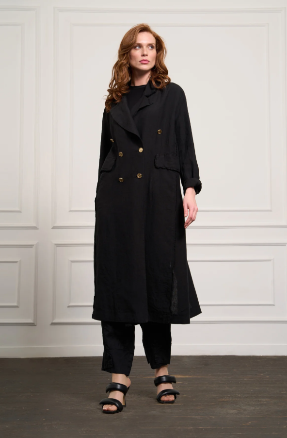 معطف طويل من الكتان الخام مزدوج الصدر