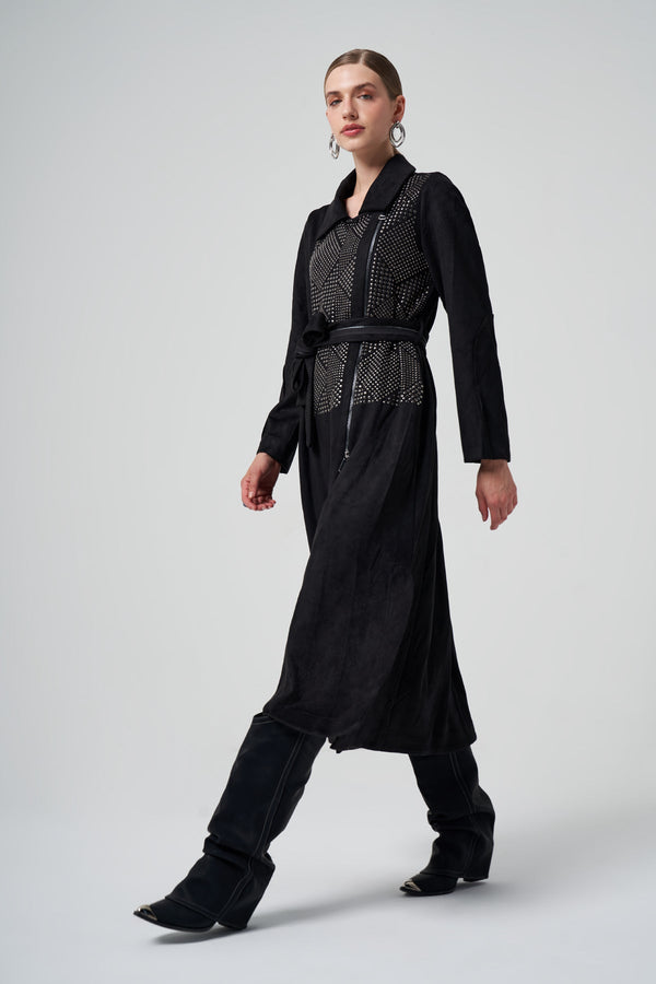 Suede Trench Coat with Stud/Rhinestone Detail