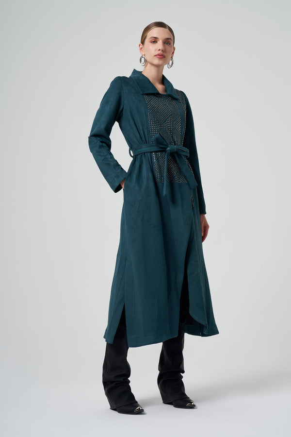 Suede Trench Coat with Stud/Rhinestone Detail