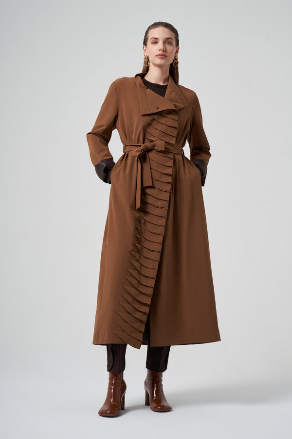 Trench Coat with Ruffle/Pleat Detail and Sash