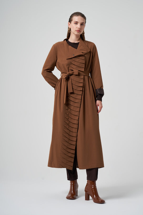 Trench Coat with Ruffle/Pleat Detail and Sash