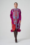 Patterned Zippered Coat with Faux Fur Hem Detail