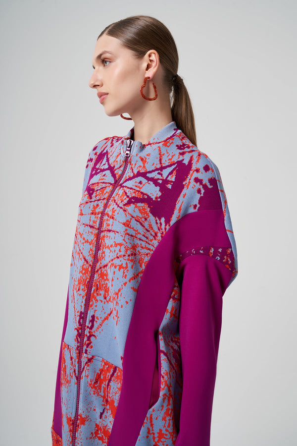 Patterned Zippered Coat with Faux Fur Hem Detail