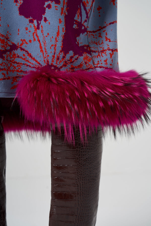 Patterned Zippered Coat with Faux Fur Hem Detail