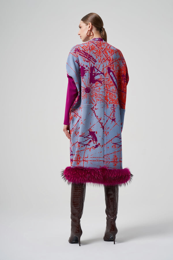 Patterned Zippered Coat with Faux Fur Hem Detail