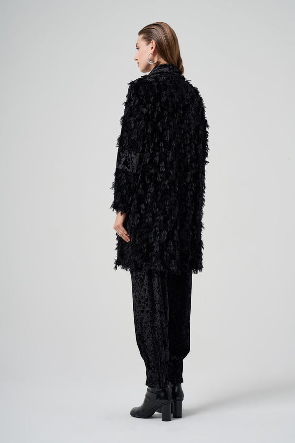Fringed Detail Zippered Bouclé Coat