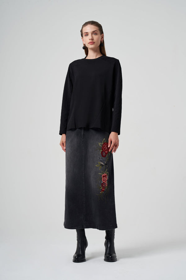 Embroidered Denim Skirt