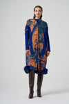 Patterned Zippered Coat with Faux Fur Hem Detail