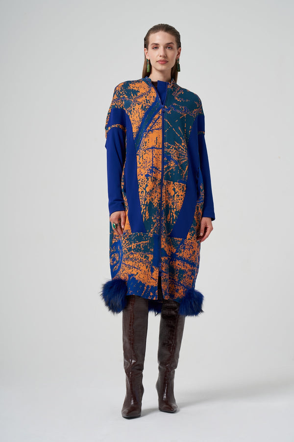 Patterned Zippered Coat with Faux Fur Hem Detail