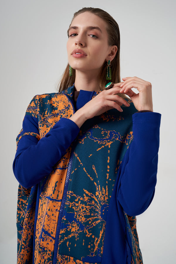Patterned Zippered Coat with Faux Fur Hem Detail
