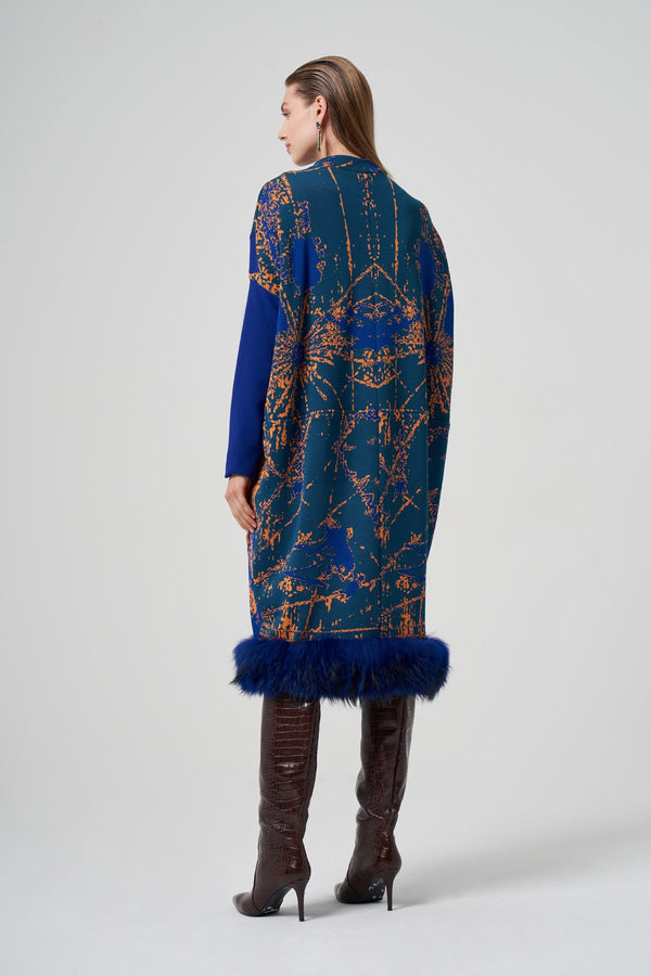 Patterned Zippered Coat with Faux Fur Hem Detail