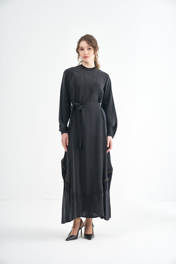 Embroided Elegant Flow Belted Dress