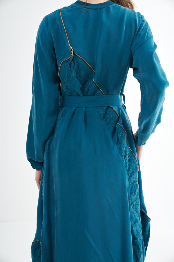 Embroided Elegant Flow Belted Dress
