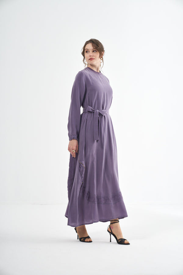 Embroided Elegant Flow Belted Dress
