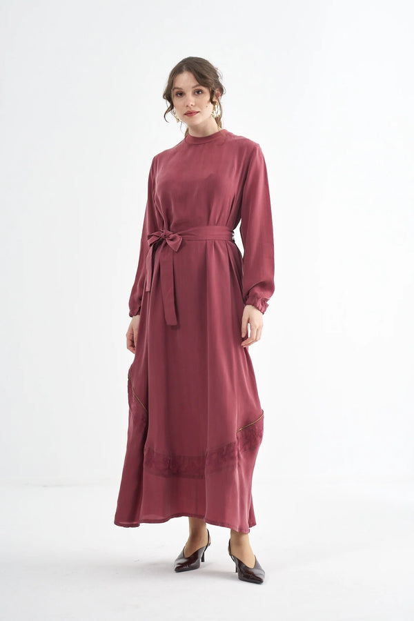 Embroided Elegant Flow Belted Dress