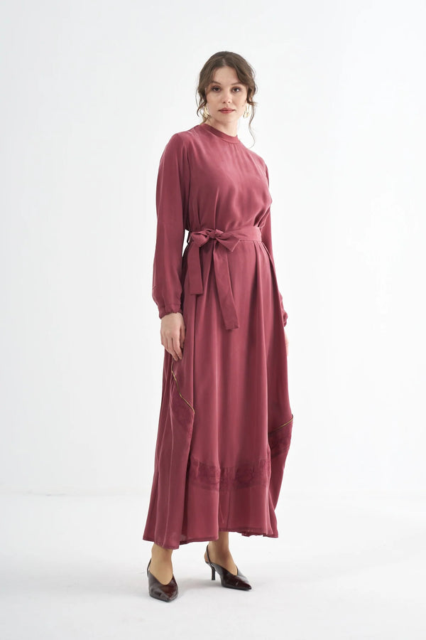 Embroided Elegant Flow Belted Dress