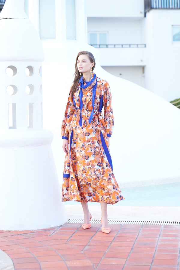 Orange Printed Silk Maxi Dress