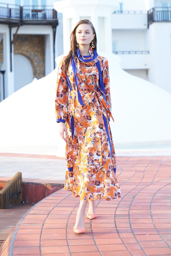 Orange Printed Silk Maxi Dress