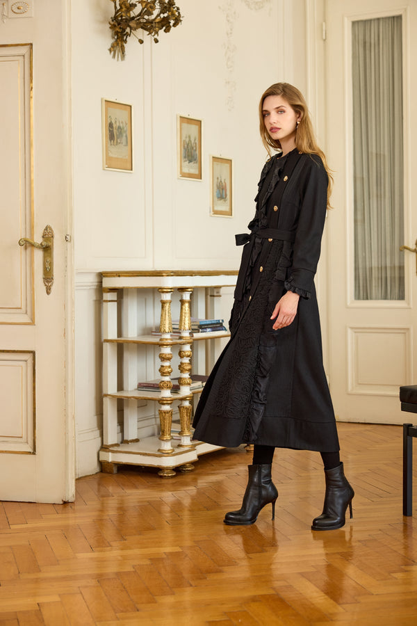 Long Coat/Jacket with Ruffle, Pleat, and Lace Detail and Sash