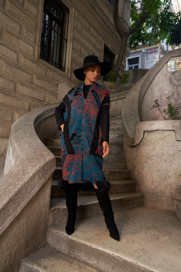 Patterned Zippered Coat with Faux Fur Hem Detail