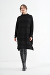 MISS 222 black textured-stripe longline tunic with a draped cowl neck and long sleeves, front view